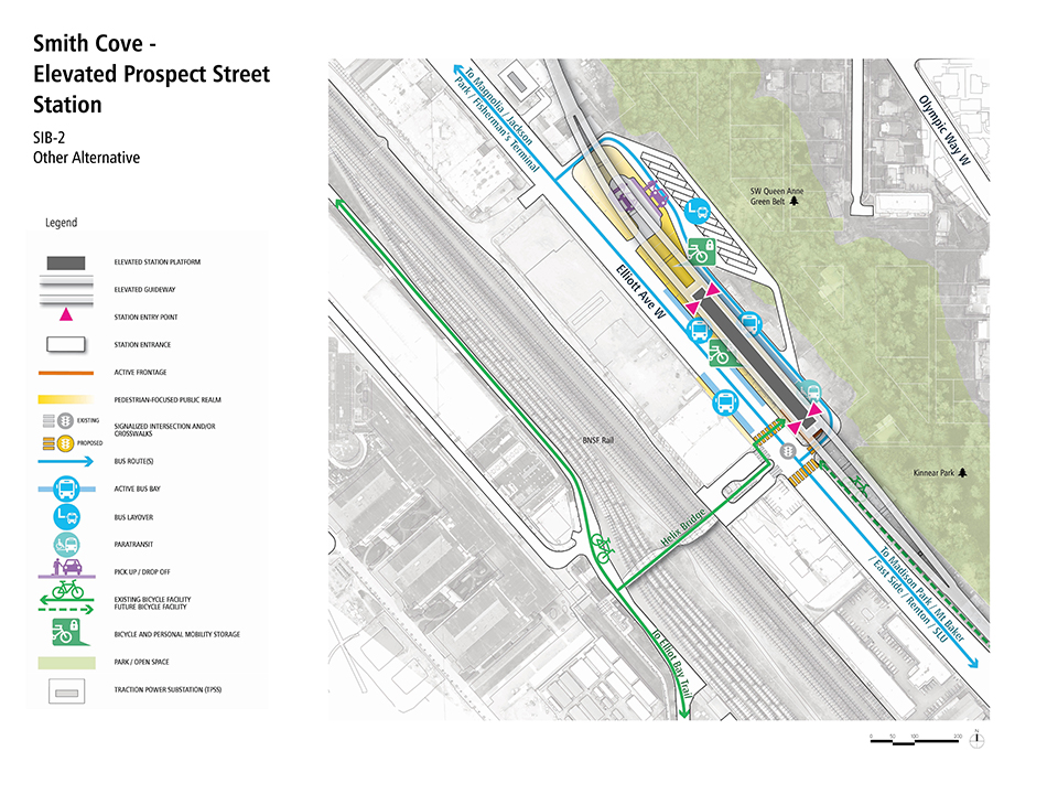 A map that describes how pedestrians, bus riders, bicyclists, and drivers could access the Smith Cove - Elevated Prospect Street Station Alternative.